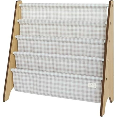 3 Sprouts Recycled Fabric Kids Bookshelf – 4-Tier Sling Book Rack Organizer - Nursery Room Playroom Classroom Wooden Book Shelves - Kid Bookcase Wood Storage Shelf for Toddler Age 3+ - Gingham Beige