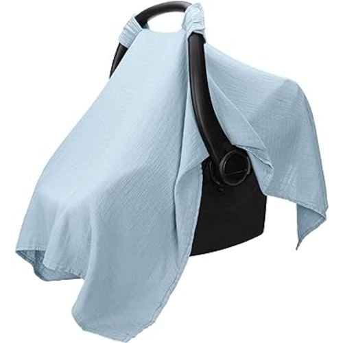 Muslin Cotton Baby Car Seat Cover, Universal Fit Carseat Canopy Covers for Babies, Girls and Boys by Comfy Cubs (Sky Blue)