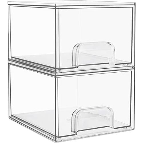 Vtopmart 2 Pack Clear Stackable Storage Drawers, 4.4'' Tall Acrylic Bathroom Makeup Organizer,Plastic Storage Bins For Vanity, Undersink, Kitchen Cabinets, Pantry, Home Organization and Storage