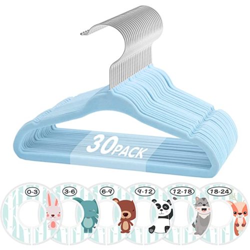 Baby Hangers, VIS'V 11 Inch Blue Velvet Kids Hangers with 6 Pcs Size Dividers Non Slip Nursery Children Closet Clothes Hangers for Infant Toddler Girls & Boys - 30 Pcs