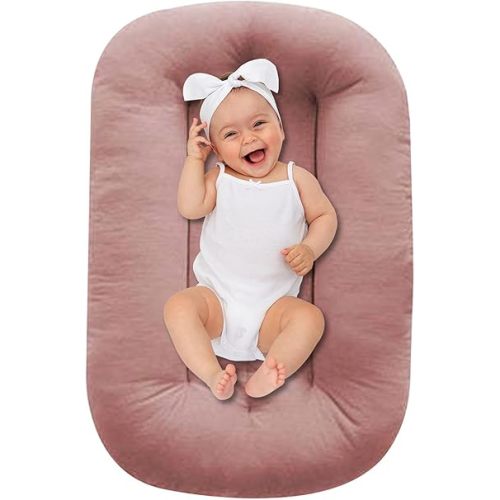 Baby Lounger for Infants 0-12 Months, Soft Organic Cotton Floor Seat, Portable (Pink)