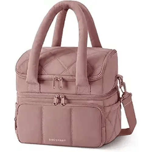 BAGSMART Lunch Bag Women, Double Deck Insulated Lunch Box, Quilted Puffer Lunch Tote, Leakproof, Durable & Reusable Large Lunch Cooler For Work Picnic Travel Meal Prep, Dark Pink