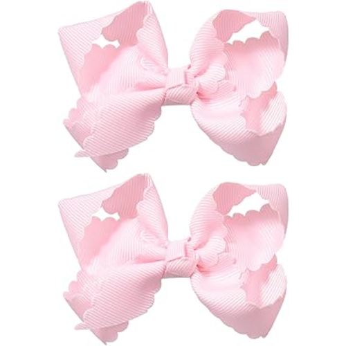 Pink Grosgrain Ribbon Scalloped Hair Bows for Girls,2Pcs 3" Small Cute Dressy Bow Alligator Clips,Valentines Birthday Party Decor Accessories Gift for Toddlers Teens Baby School Kids