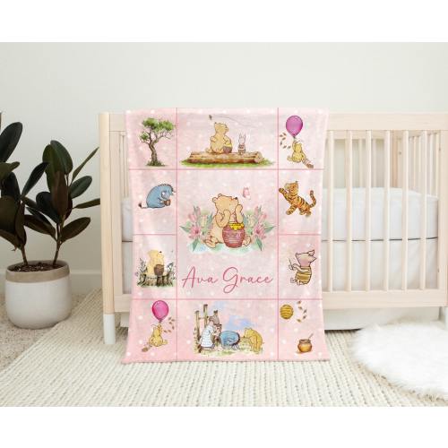 Pink Winnie Baby Blanket, Personalized Name Blanket, Winnie Nursery, Birthday Girl Blanket, Keepsake Blanket, Toddler Name Blanket, Plush B6