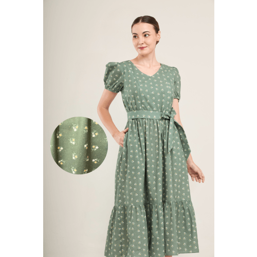 Charming Cotton Dress with Nursing Zippers in Green Floral