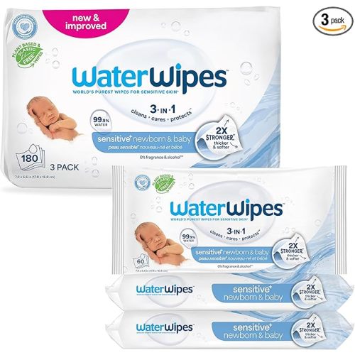 WaterWipes Sensitive+ Newborn & Baby Wipes, 3-In-1 Cleans, Cares, Protects, 99.9% Water, Unscented & Hypoallergenic, 180 Count (3 Packs)