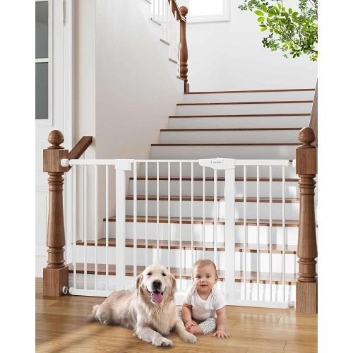 Cumbor 29.7-54.2" Wide Baby Gate for Stairs, Mom's Choice Awards Winner-Self Closing Dog Gate Indoor for Doorways, No Drilling Pressure Mounted Pet Gates for Kids, Easy Walk Through Safety Gate, White