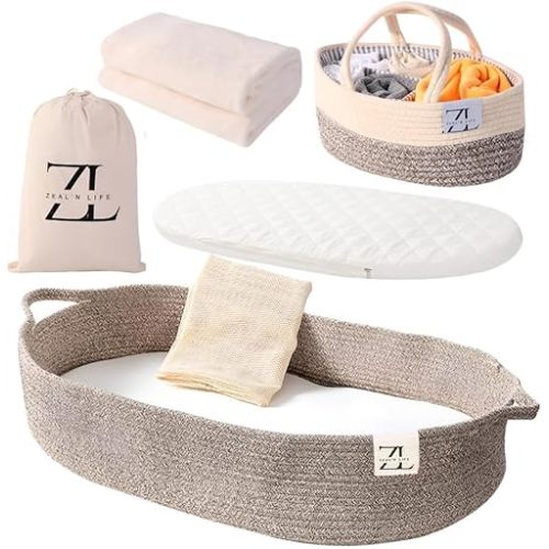 ZEAL'N LIFE Baby Changing Basket with Diapers Basket, Blanket & Changing Pad for Dresser, Potable Changing Pad, Baby Changing Pad, Changing Pad for Dresser, Moses Basket for Newborns (Brown)