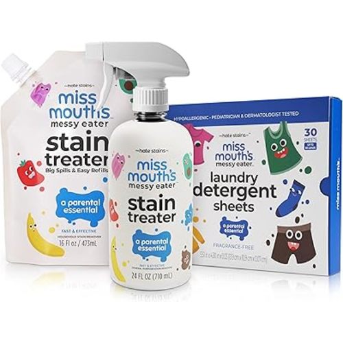 Miss Mouth's Messy Eater Stain Treater - 16oz Bottle & Refill Pouch and Laundry Detergent Sheets