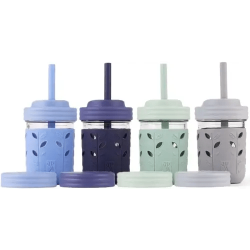Elk and Friends Kids + Toddler Glass Cups | The Original 8oz Glass Mason Jar with Sleeves + Lids | Silicone Straws + Stopper | Smoothie Cup | Food Storage | Spill Resistant | Dishwasher Safe | 4 Pack