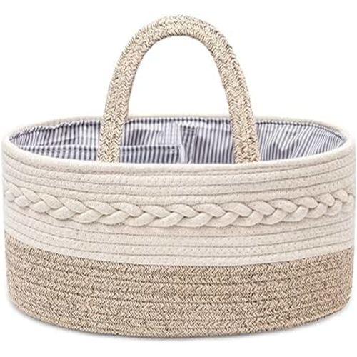JiA QAQ Baby Diaper Caddy Organizer, Portable Cotton Rope Woven diapers Caddy-Nursery Storage, DIY Basket with Changeable Compartments, Newborn Shower Gift Tote Bag Yellow