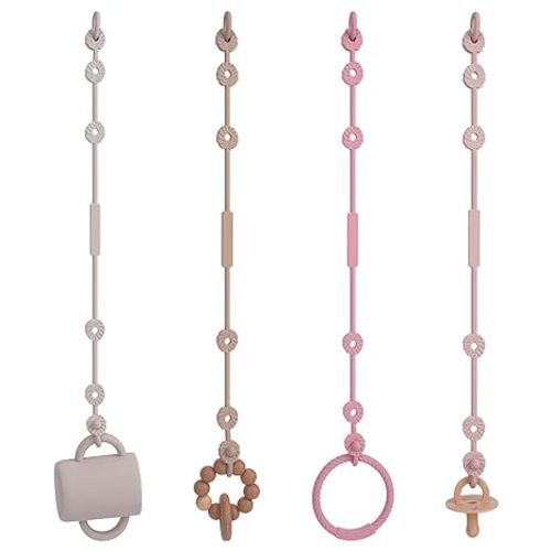 Toy Straps for Baby, Silicone Pacifier Clips Adjustable Stretchable Sippy Cup Straps for Strollers, High Chair, Cribs, Hanging Baskets, Car Seat, Shopping Trolley, Bags, BPA Free - Sand+linght Grey+dusty Lilac+dusty Rose - Leaf