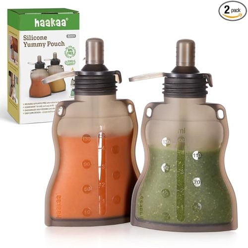 Haakaa Yummy Pouch Reusable Baby Food Pouch, Baby Food Storage Kids Squeezable Pouch, Washable Freezer - Make Homemade Organic Food for Babies/Toddlers, 4oz, 2 Pack,6m+
