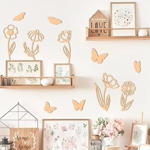 11Pcs Wooden Wildflowers Wall Decor Decals Colorable Butterflies Signs for Wall Art Decoration Baby Girls Bedroom Wood Sign Decals Peel and Stick Boho Flowers Wall Stickers for Kids Nursery Baby Room