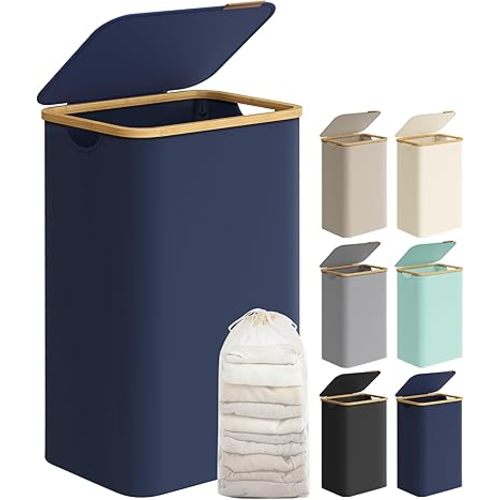 SONGMICS Laundry Hamper with Lid, Large Laundry Basket, 23.8 Gallons (90L), Removable Mesh Liner, Bamboo Handles, Collapsible, 16.5 x 12.6 x 27.8 Inches, Charcoal Blue ULCB509Q01