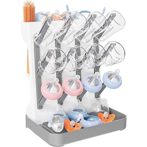 Baby Bottle Drying Rack, Vertical Bottles Dryer Holder Space Saving Standing Bottle Drying Rack for Countertop Kitchen Organize Bottles & Baby Accessories Brushes Pacifiers and Pump Part (Grey)