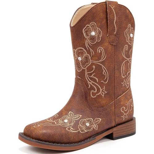 Girls Cowboy Boots Classic Western Floral Embroidery Sparkly Rhinestone Little Big Kids Cowgirl Boots Side Zipper Mid Calf Square Toe Toddler Girls Boot
