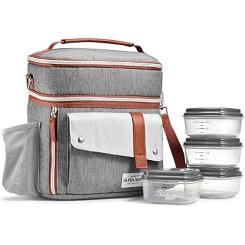 Fit & Fresh Foundry Extra Large Insulated Lunch Box for Men & Women, Large Lunch Bag for Meal Prep, Double Decker Adult Lunch Box for Men with Containers, Adjustable Strap, Dual Compartment, Steel