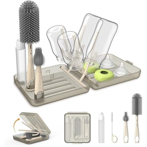 Travel Bottle Brush, Travel Bottle Cleaner Kit with Bottle Drying Rack, Transparent Coffee