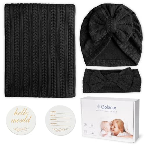 Baby Swaddle Set Newborn - Receiving Headband Blankets and Bow Hat,Newborn Essentials, Soft Nursery Swaddling Blankets,Stretchy Baby Blankets for Girls and Boys Unisex (Black)