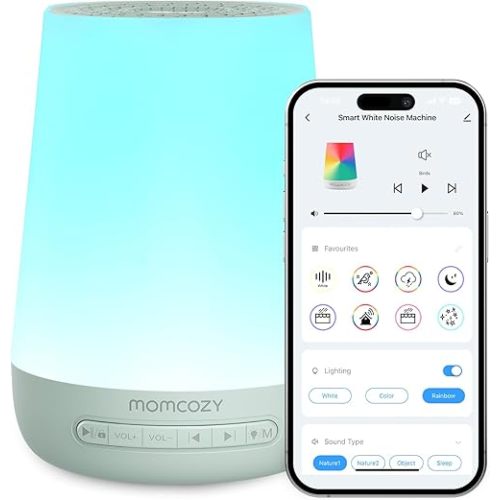 Baby Sound Machine, Momcozy White Noise Machine for Baby Sleeping with Night Light, Toddler Sleep Trainer with 34 Soothing Sounds, Timer, App Remote Control, Personal Sleep Routine(Green)