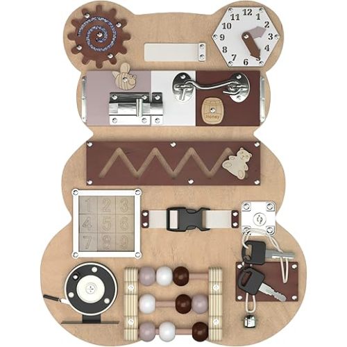 Busy Board for Toddlers - Activity Board Bear Shaped Montessori Toys for Kids - Sensory Stimulating Car & Airplane Travel Toys for Toddlers, Quiet Learning Activities for Autism