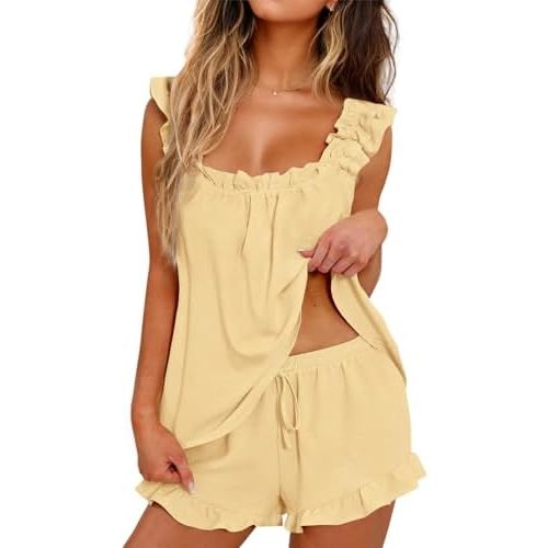 KFUBUO Womens Pajamas Set 2 Piece Ruffle Pj Soft Tank Top and Shorts Sleepwear Set Bridal Pajama for Women Set