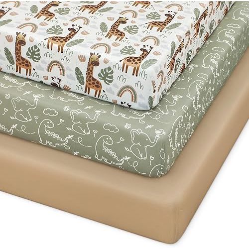 Pack and Play Sheets Fitted, 3 Pack Soft Stretchy Baby Mini Crib Sheets for Pack N Play Mattress and Portable Playard Sheets for Boys and Girls Brown Giraffe Elephant