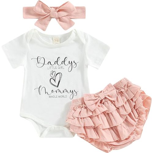 CIYCUIT Newborn Baby Girl Summer Clothes 0 3 6 9 12 18 Months Outfits Romper + Shorts + Headband Set - A1 Daddys Little Girl - 6-12 Months