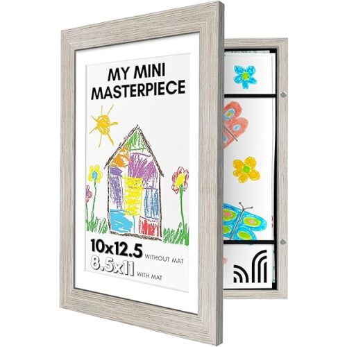 Americanflat 10x12.5 Kids Art Frame - Front Loading Picture Frame Holds 100 Artworks - Use as 8.5x11 Frame with Mat or 10x12.5 Frame Without Mat - My Mini Masterpiece - Driftwood