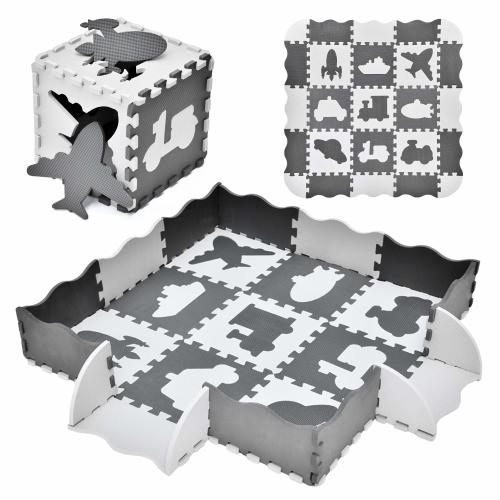 25PCs Baby Play Mat with Fence Including 9 Different Vehicle Styles, Thick (0.47") Interlocking Foam Floor Tiles, Kids Room Decor Large Mat