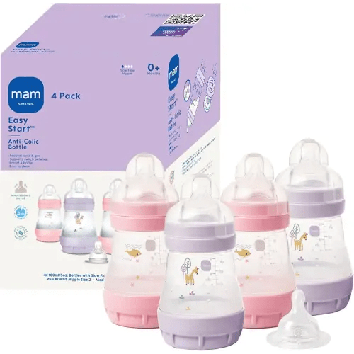 MAM 5oz Easy Start Anti-Colic Baby Bottles, Slow Flow with Bonus Medium Flow Nipple, Reduces Colic, Gas, & Reflux, Easy-to-Clean, BPA-Free, Baby Bottles for Newborns, 0-3 Months