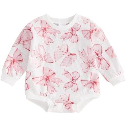FIOMVA Valentines Girl Outfit Infant Heart Bow Bubble Romper Sweatshirt Newborn Bodysuit Top Toddler Spring Clothes