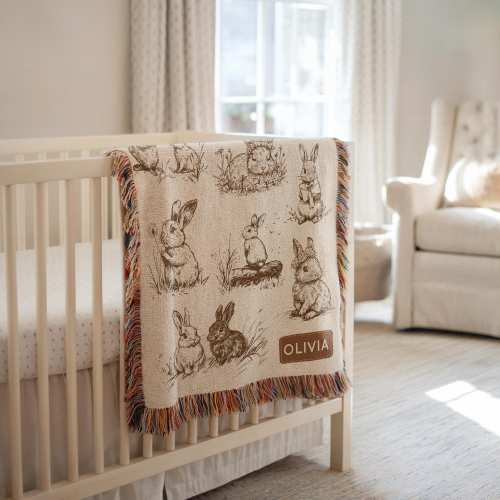 Personalized Bunny Baby Blanket, Custom Name Rabbit Nursery Throw, Woodland Animal Crib Quilt, Vintage Bunny Baby Gift for Girls or Boys