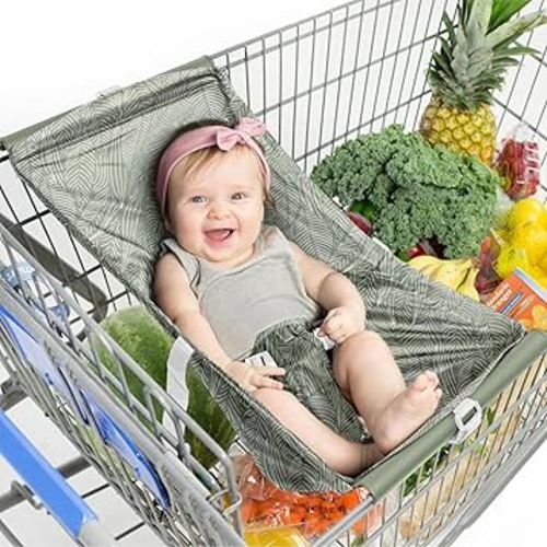 Binxy Baby Shopping Cart Hammock – Infant Seat for Grocery Carts – Holds Car Seats Securely – Compatible with Select 4-Seater Wagons (20–24” Wide) – Supports Up to 50 lbs – Sage Leaves