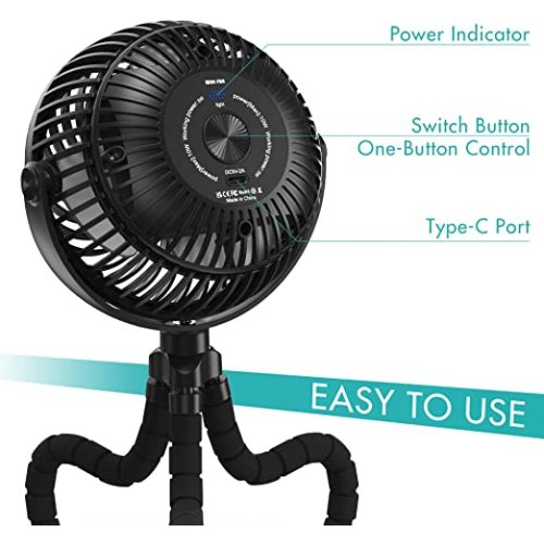 AMACOOL Baby Stroller Fan 20H Work Time Battery Powered Clip on Fan with Flexible Tripod for Car Seat Crib Bike Treadmill Umbrella Wheelchairs… - 5" - Black