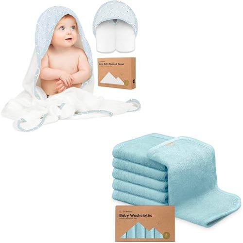 KeaBabies Baby Hooded Towel and 6-Pack Organic Baby Washcloths - Viscose from Bamboo Baby Towel Organic Towel, Soft Bamboo Viscose Washcloth, Infant Towels, Baby Wash Cloths