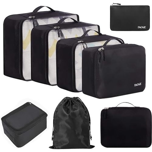 BAGAIL 8 Set Packing Cubes, Lightweight Travel Luggage Organizers with Shoe Bag, Toiletry Bag & Laundry Bag (Jet Black)