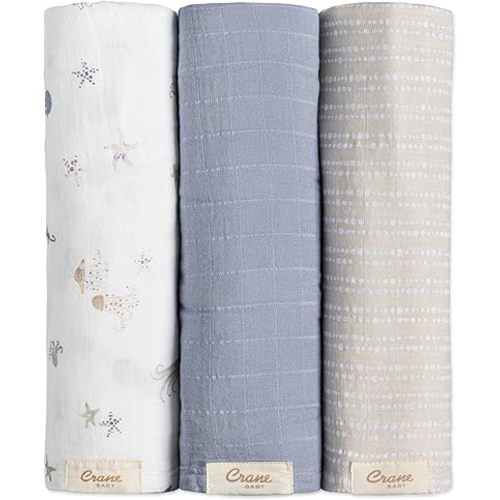 Crane Baby 100% Cotton Muslin Swaddle Blankets, Sea Life Jellyfish, Baby Swaddle Blanket, Set of 3, 47" x 47", Swaddles for Newborns, Baby Muslin Swaddle Blanket, Swaddle Blankets for Boys & Girls
