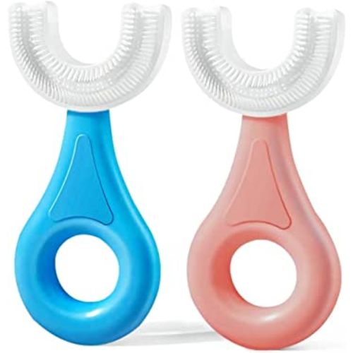 YOTEE U-Shaped Toothbrush Kids 2 PCS - Toddler Toothbrush with Food Grade Soft Silicone Brush Head, Manual Whole Mouth Tooth Brush for Kids Age 2-6(Blue+Pink)