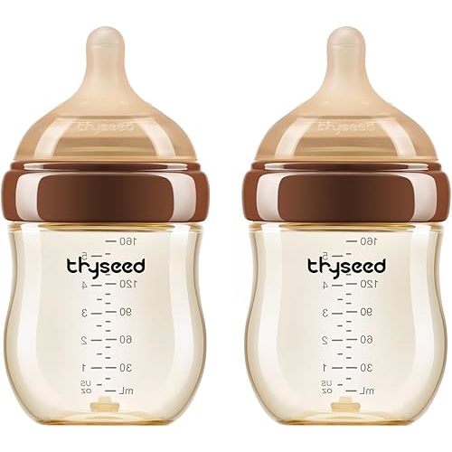 Thyseed PPSU Anti-Colic Baby Bottle, Breast-Like Medium Flow Nipple for Breastfed Babies (2m+), 5 oz/160 mL, 2 Pack