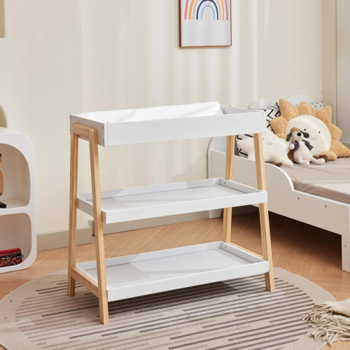 Isabelle & Max™ Portable Baby Changing Table with Waterproof Pad, Modern White Diaper Changing Station with 2 Storage Shelves for Newborns and Infants, White & Wood Finish | Wayfair