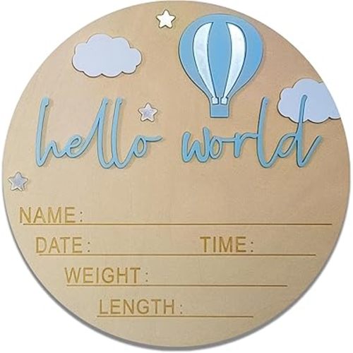 Hello World Newborn Sign - 5.9” Round Wooden Baby Announcement Sign with 3D Hot Air Balloon, Clouds & Stars - Keepsake Birth Gift for Baby Boy’s First Day, Hospital, Shower, or Nursery Décor (Blue)
