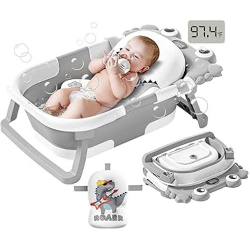 Collapsible Baby Bathtub for Newborns to Toddler with Real-time Temp Monitor & Floating Cushion,Portable Travel Tub for 0-36 Month, Foldable Baby Bath Tub for Infants Boy (Grey)