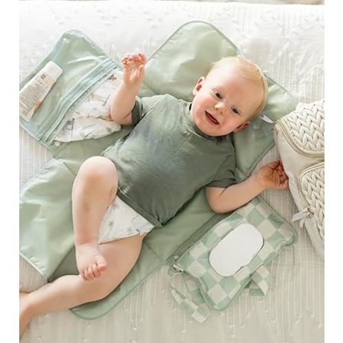 Tiny Twinkle Portable Diaper Changing Pad - Foldable Waterproof Diaper Changing Mat for Travel, Baby Changing Station with Smart Wipes Pocket & Storage (Sage Checkers)
