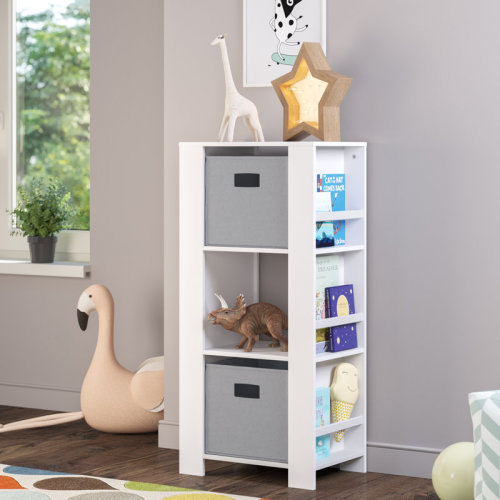 RiverRidge Home RiverRidge Book Nook Kids Bookshelf and Toy Organizer Tower with 3 Cubbies and 6 Bookracks for Playroom, Nursery, and Reading Nook - White with 2 Fabric Bins & Reviews | Wayfair
