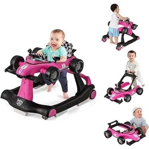 BABY JOY 4-in-1 Baby Walker, Foldable Activity Walker with Adjustable Height & Speed, Music, Lights, Anti-Rollover, Toddler Push Walker, Baby Walker with Wheels for Boys Girls 6-18 Months (Pink)