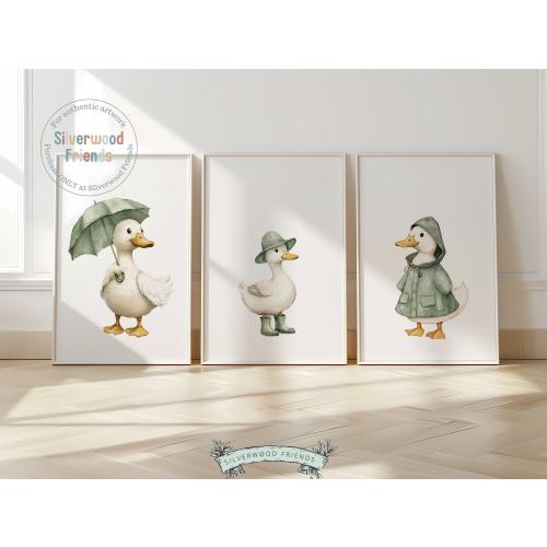 Set of 3 Duck Nursery Prints, Sage Green Duck Nursery Decor, Gender Neutral Duck Nursery Wall Art, Kids Farm Animal Wall Decor Digital Print