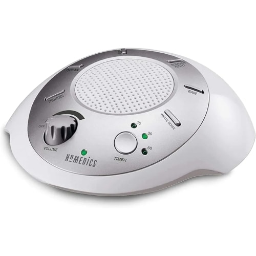White Noise Sound Machine, Silver, Small Travel Sound Machine with 6 Relaxing Nature Sounds, Portable Sound Therapy for Home, Office, Nursery, Auto-Off Timer, by Homedics