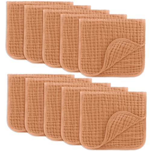 Comfy Cubs Muslin Burp Cloths - Large 100% Cotton Washcloths, 6 Layers (Caramel, 10-Pack, 20"X10")